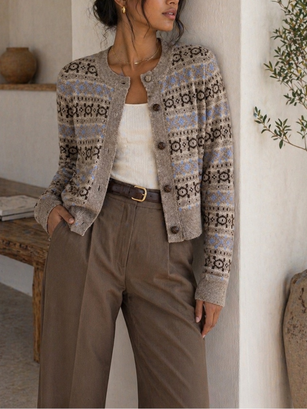 Marled Beige Fair Isle Button-Front Cardigan with Light Blue Accents